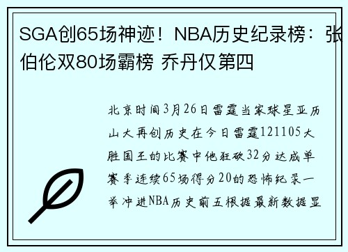 SGA创65场神迹！NBA历史纪录榜：张伯伦双80场霸榜 乔丹仅第四