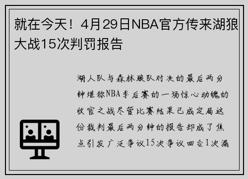 就在今天！4月29日NBA官方传来湖狼大战15次判罚报告